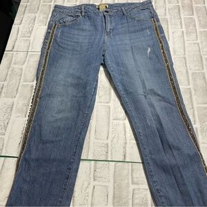 Democracy Blue Jeans with accent jeweled trim. Flex. Raw hem. Size 14.